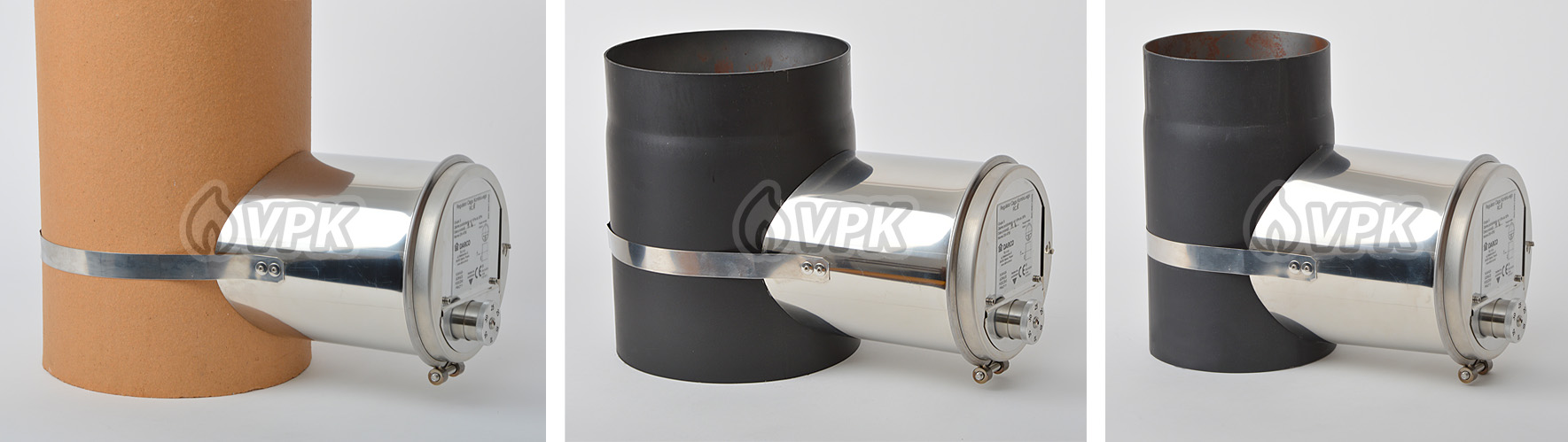 Regulátor na šamotovém průduchu 200 mm (vnější průměr 220 mm) a na trubce kouřovodu 200 mm a 150 mm